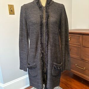 Tahari Brown Fringed Thigh Length Cardigan